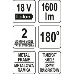 YT-82961 YT.LED PRIEKINIS ŽIBINTAS 18V 1600LM 20W BE AKUMULIATORIAUS. IR ĮKROVIKLIU